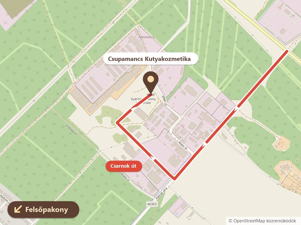 Térkép: Csupamancs Kutyakozmetika, 2363 Felsőpakony, Csarnok út 06/58 – megközelítés a Csarnok úton